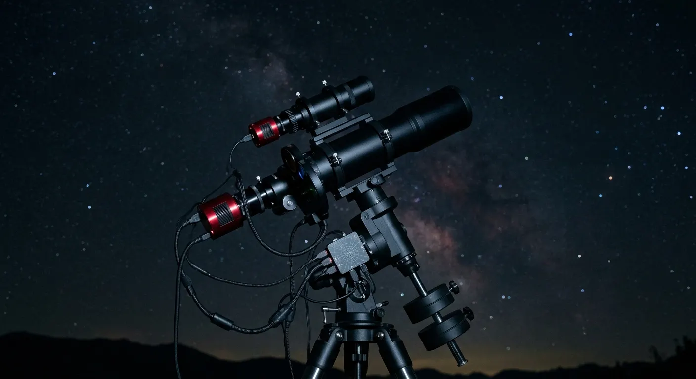 A compact guide scope and monochrome guide camera mounted on a refractor imaging train, dark sky setting with fine star pinpoints visible, blue-black ambient light