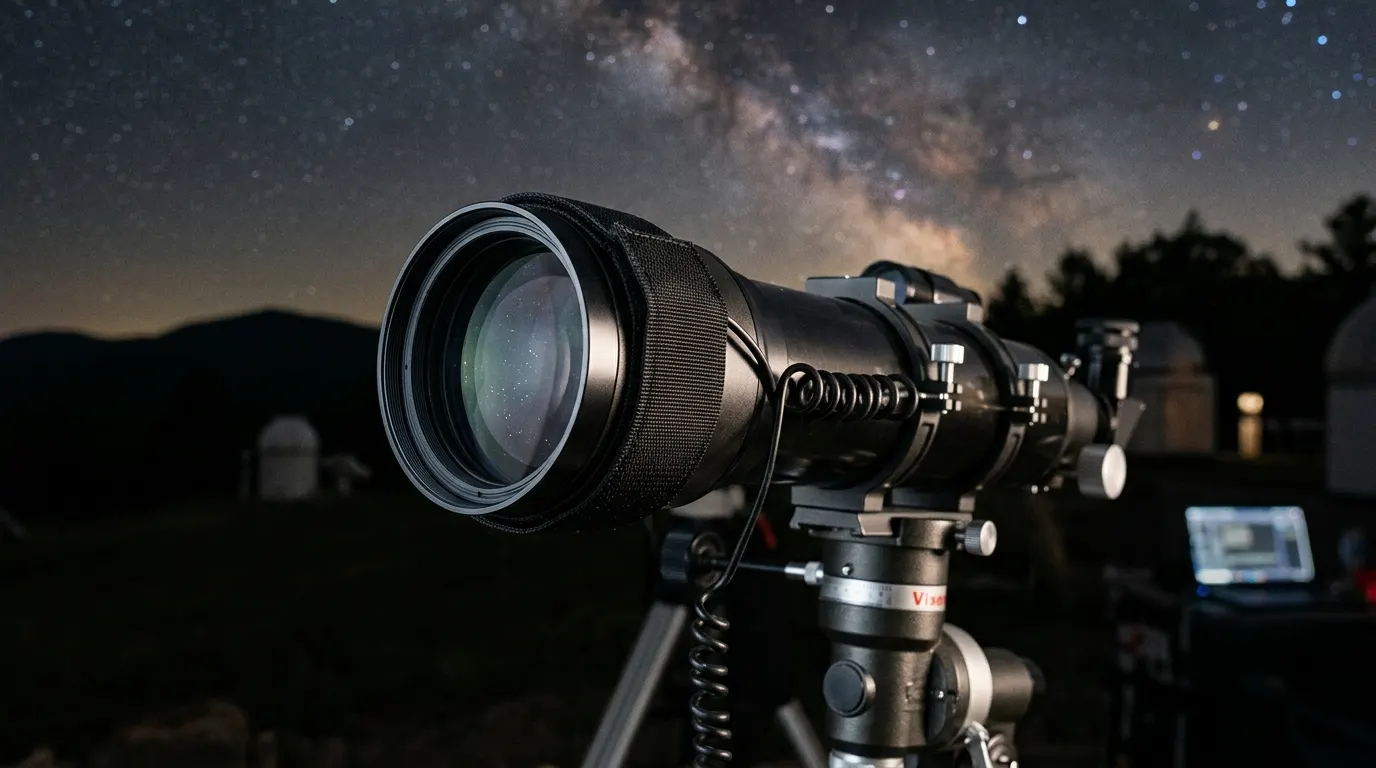 A row of dew heater strips and a multi-channel PWM dew controller laid out beside a refractor telescope under a dark starry sky