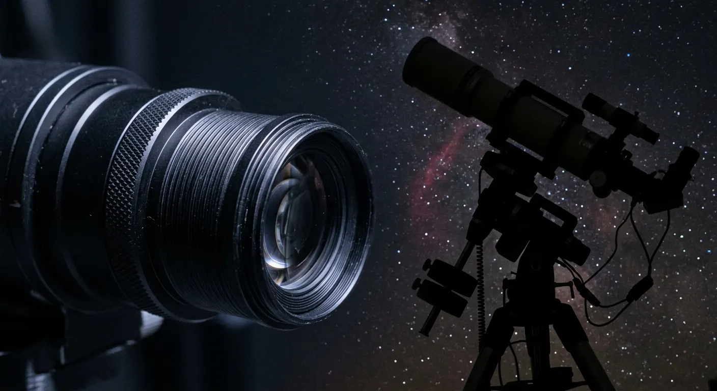 A close-up of a field flattener optical element threaded into an imaging train backfocus spacer, precision machined aluminum components under cool workshop light, star field visible in the background