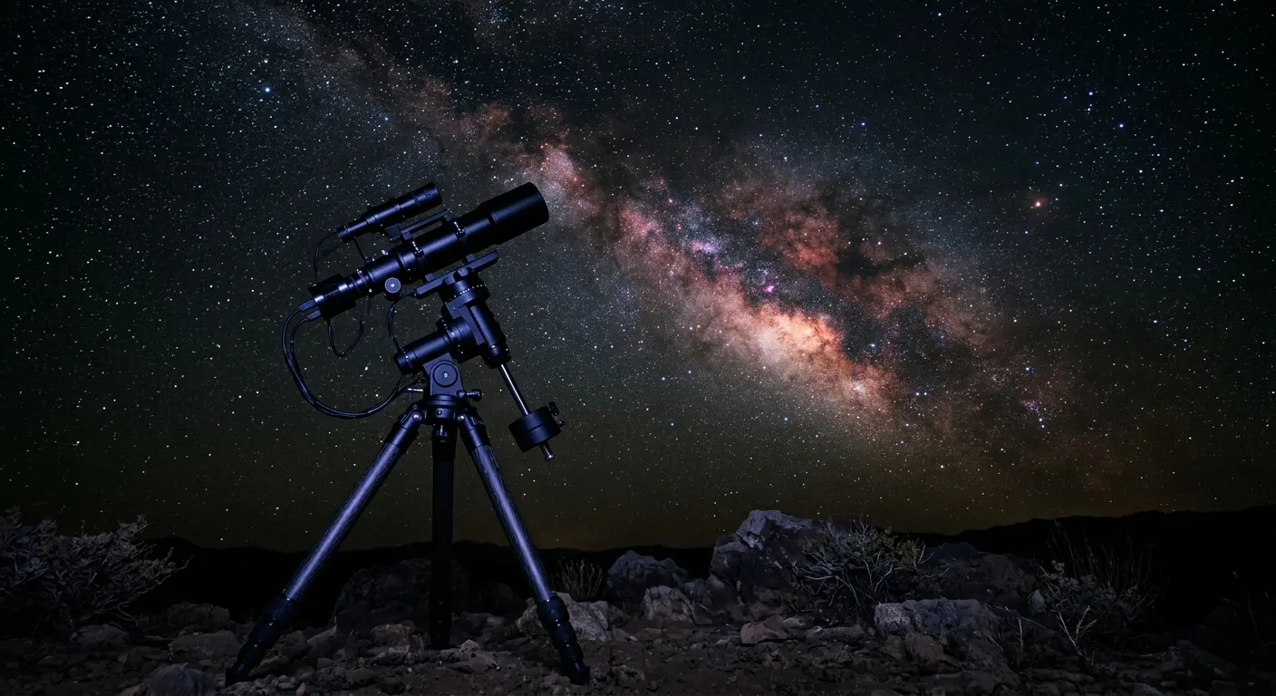 A compact harmonic drive mount and small apochromatic refractor on a carbon fiber tripod at a remote dark sky site, the Milky Way arc spanning the near-black sky above
