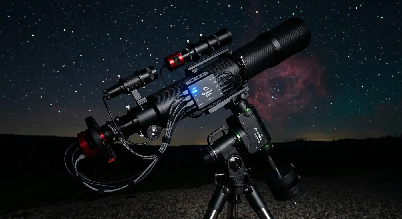 A Pegasus Astro smart power hub mounted on a telescope tube with neatly routed 12V and USB cables under the deep blue-black of a clear imaging night